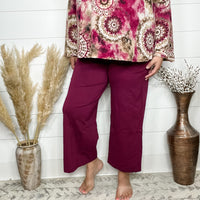 "Slight of Hand" Pull On Wide Leg Crop Trousers (Wine)