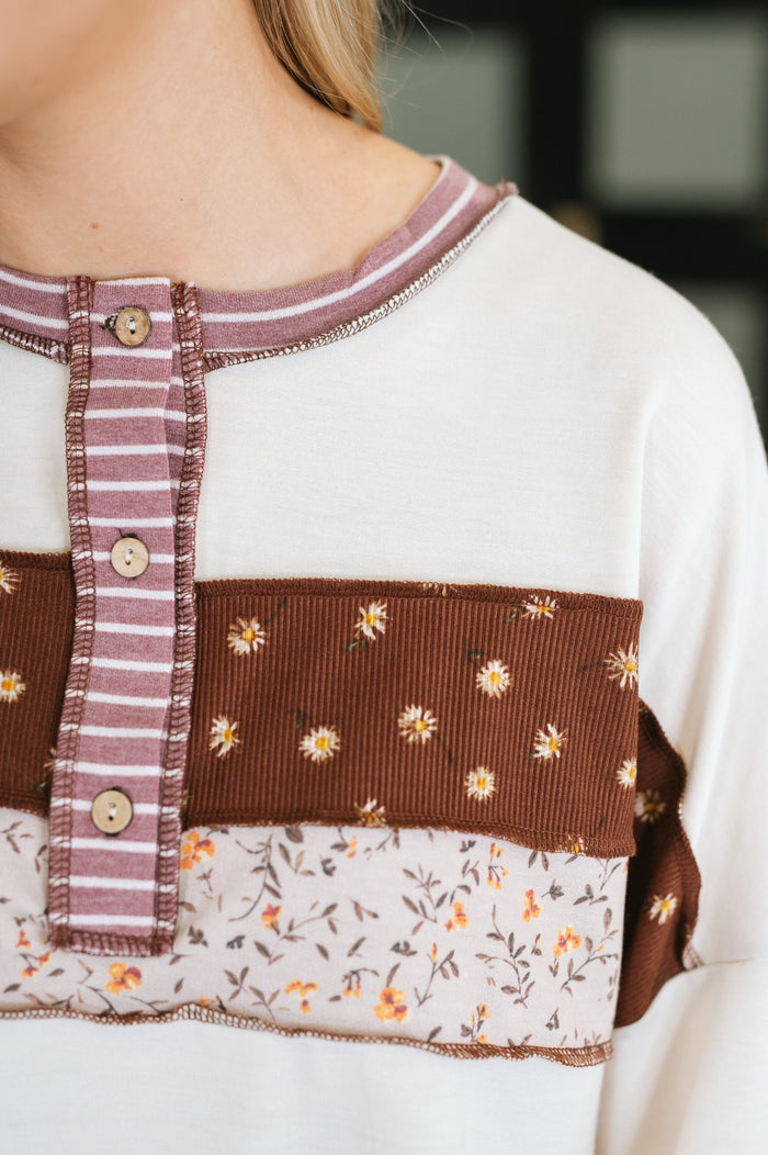 Haptics "Make It Floral" Stripe Henley Pullover, banded sleeve cuff detail | Lola Monroe Boutique