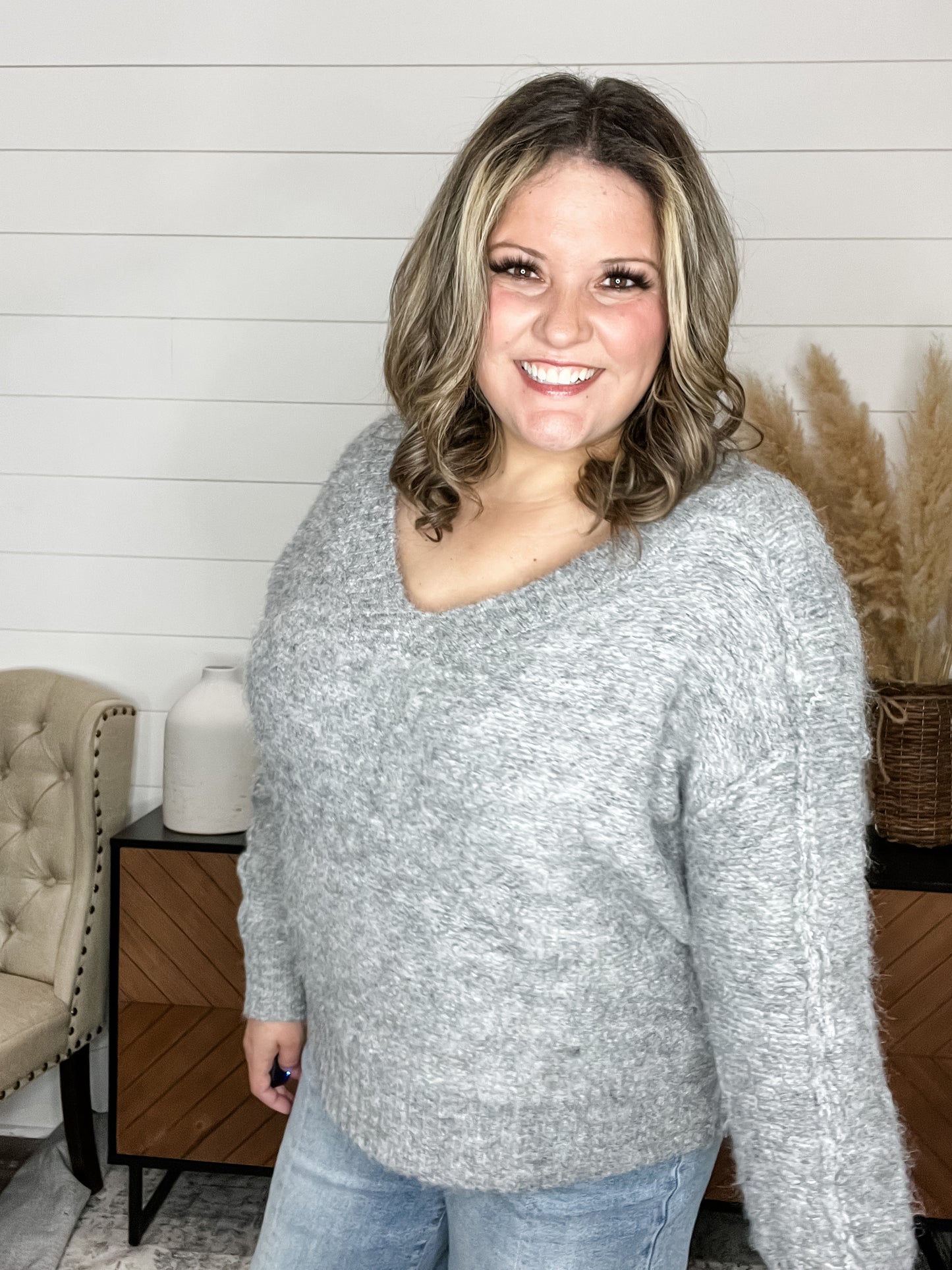 "Gravel" Oversized Wide V Neck Sweater