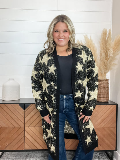 Black & Gold Star Print Thick Cardigan