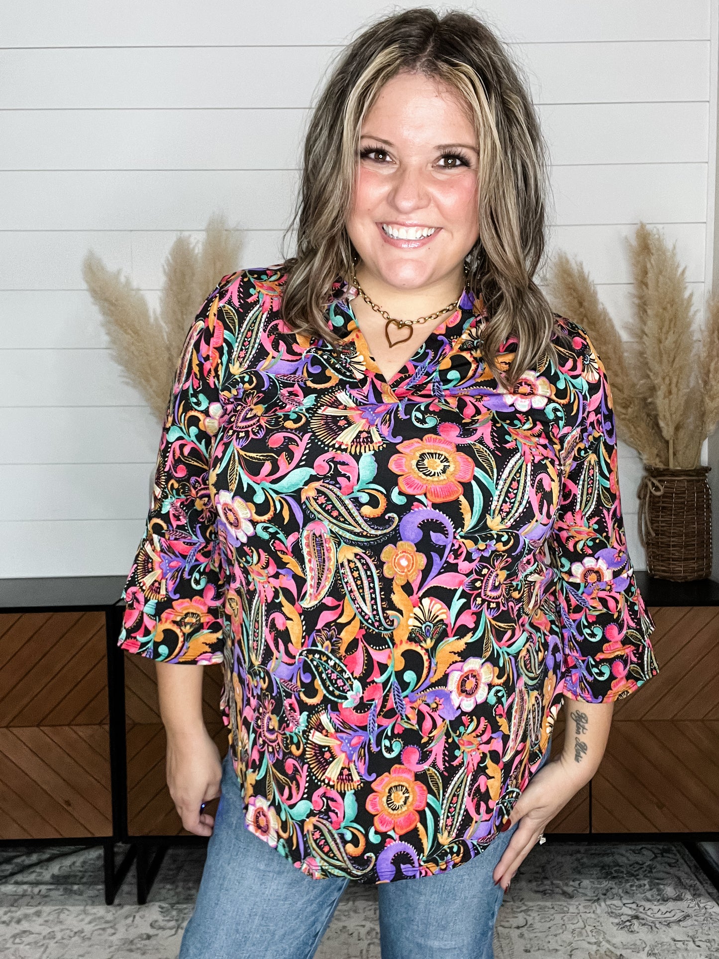 "Iridium" Tiered Bell Sleeve Split Neck