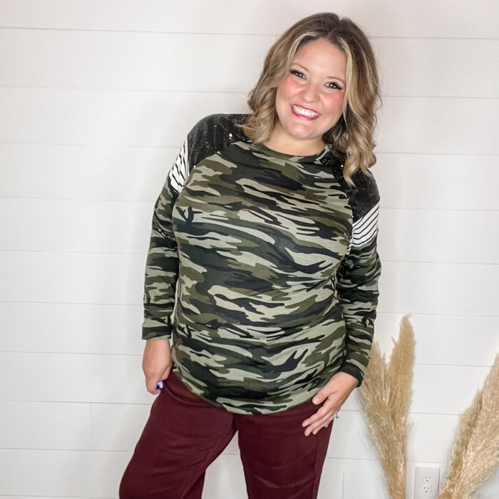 "Dare Me" Long Sleeve Camo and Sequin Accent