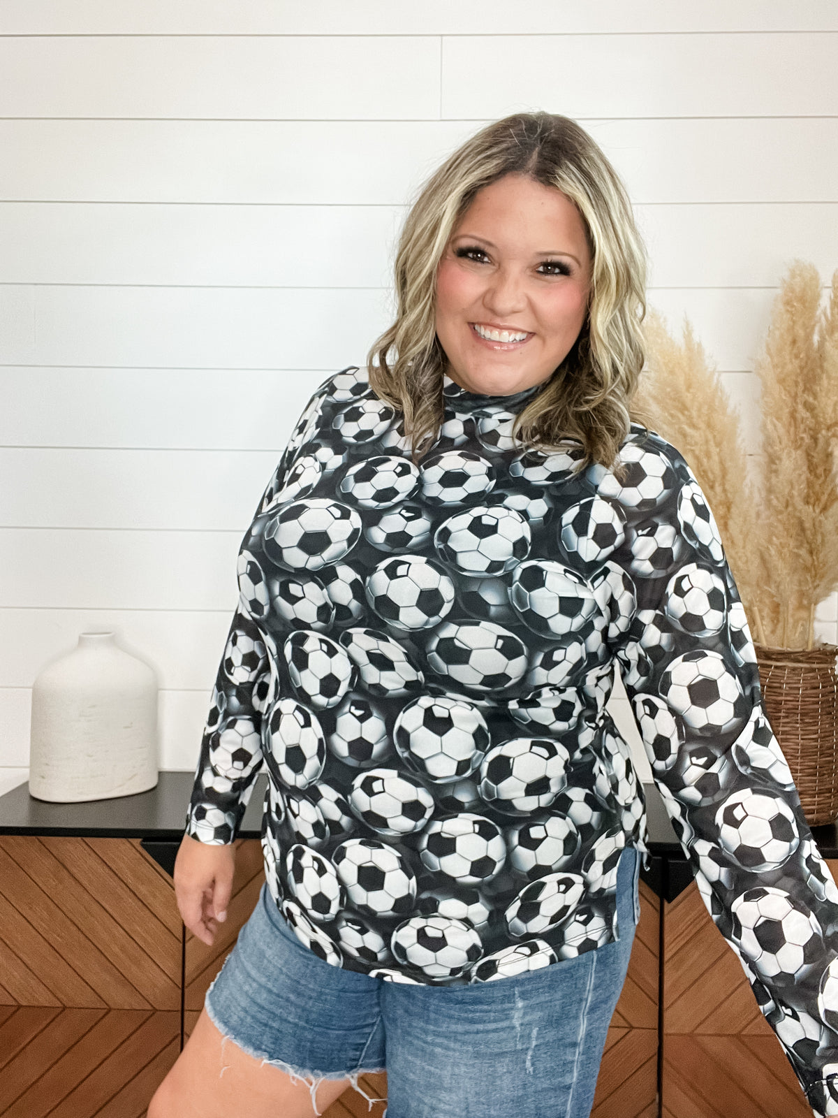 Soccer print mesh long sleeve top