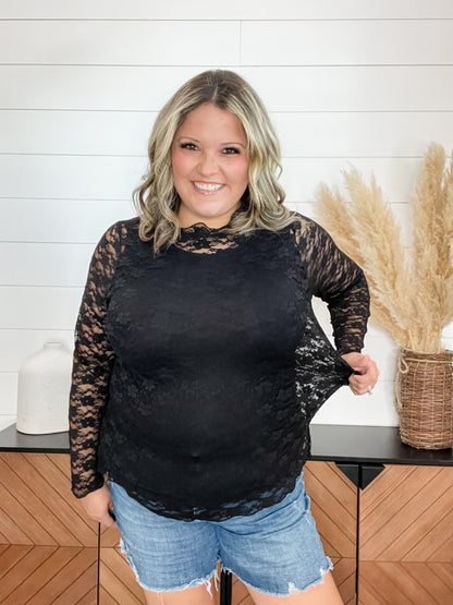 Black lace ruffle neck long sleeve top