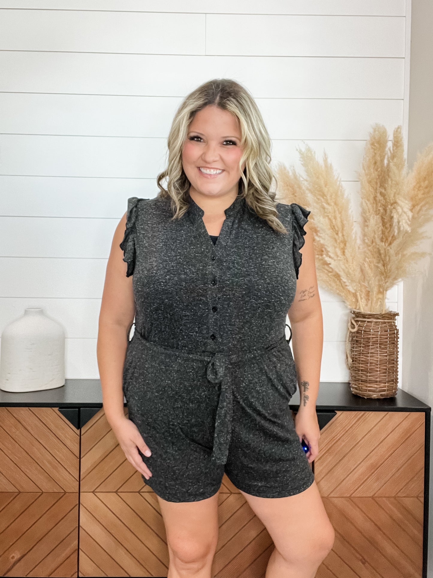 Heathered black t-shirt feel romper