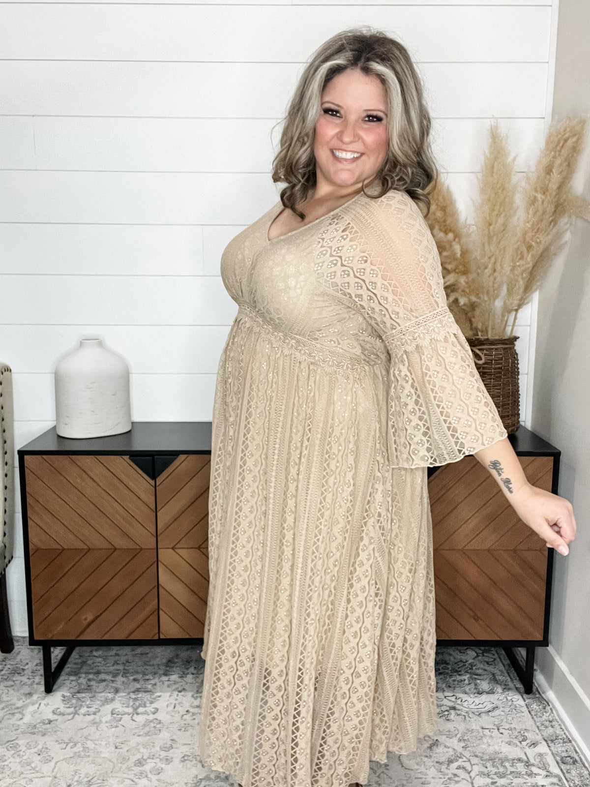"Country In The Park" Long Sleeve V Neck Lace Dress (Taupe)