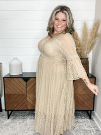"Country In The Park" Long Sleeve V Neck Lace Dress (Taupe)