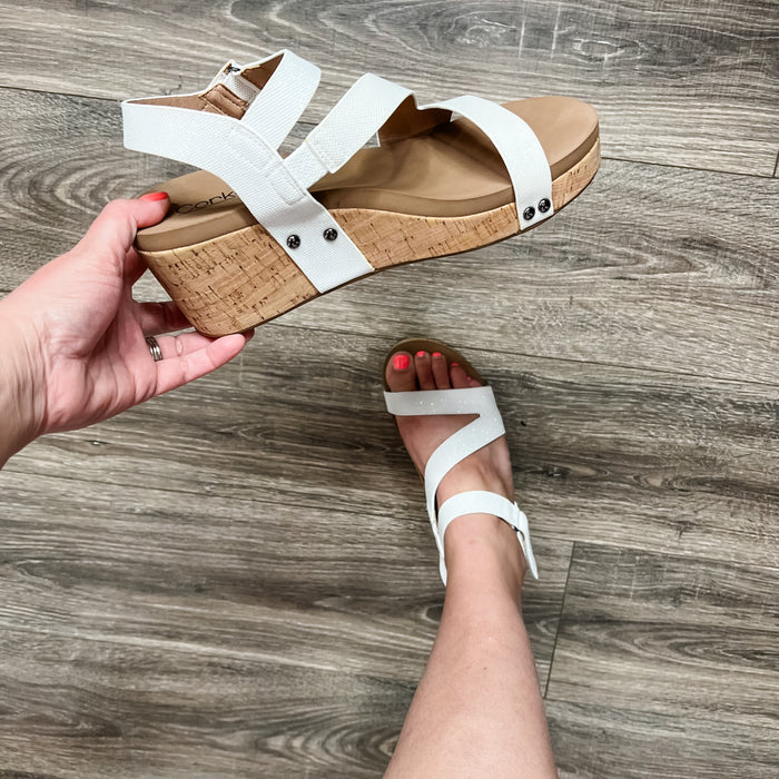 "Spring Fling" Strappy Wedge Sandal By Corkys (White Shimmer)