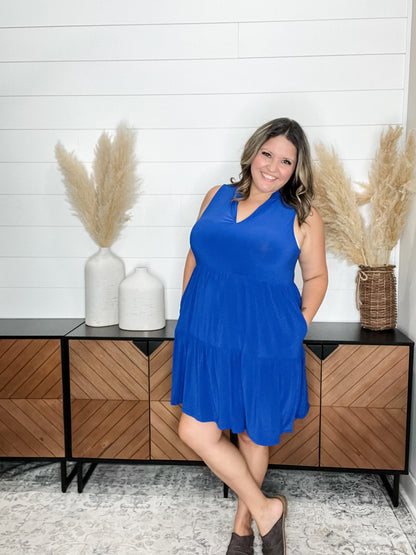 "Amos" Sleeveless Split Neck Tiered Dress (Royal Blue)