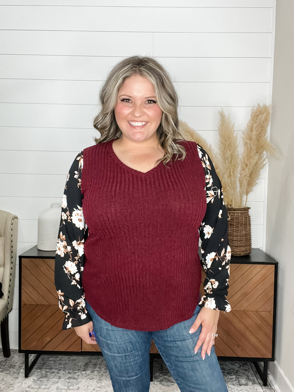 "Grateful" Ribbed Body Long Sleeve V Neck