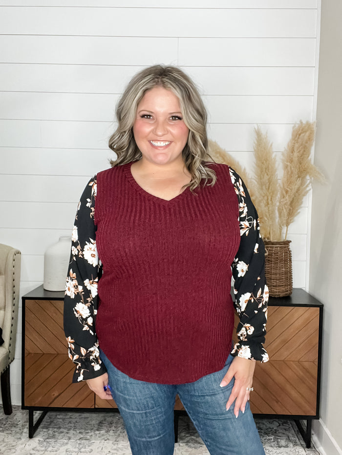 "Grateful" Ribbed Body Long Sleeve V Neck