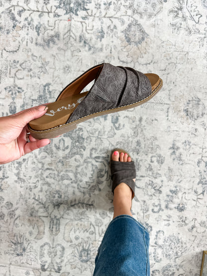 "Jolene" By Very G Slip On Flat Sandal (Tooled Charcoal)