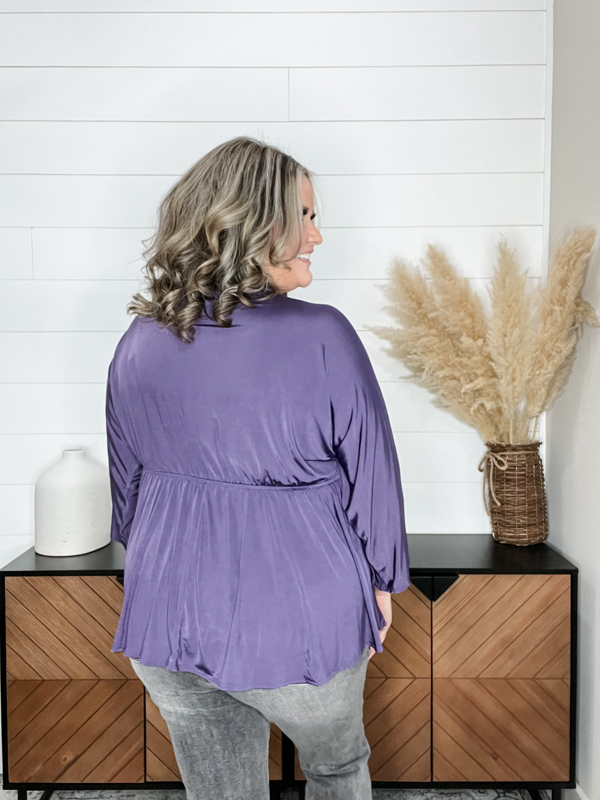 "Undertaking" 3/4 Sleeve V Neck with Elastic Empire Waist (Eggplant)