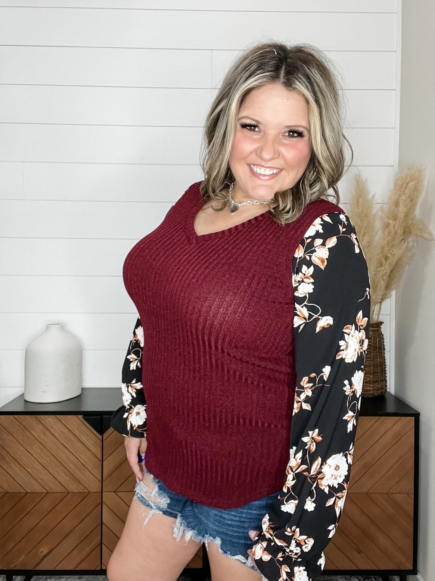 "Grateful" Ribbed Body Long Sleeve V Neck