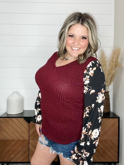 "Grateful" Ribbed Body Long Sleeve V Neck