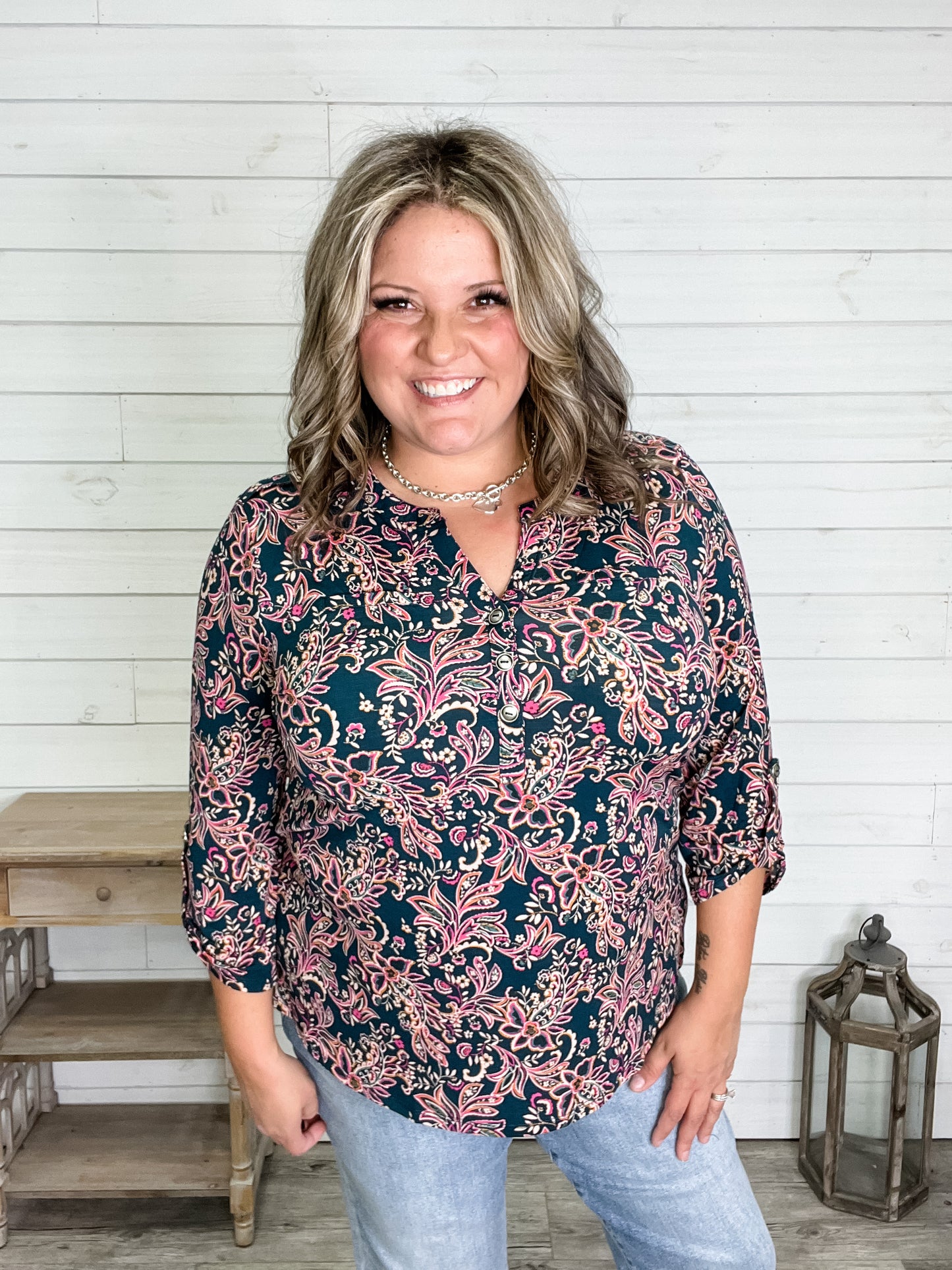 "Oval" 3/4 Sleeve Button Front Lizzy Luxe