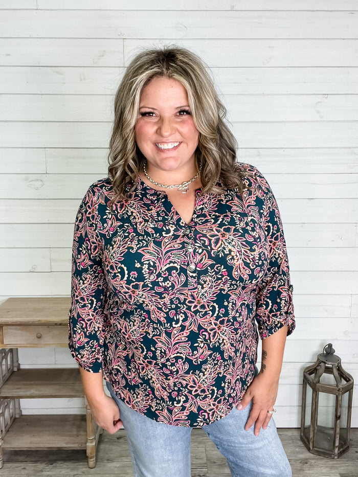 "Oval" 3/4 Sleeve Button Front Lizzy Luxe