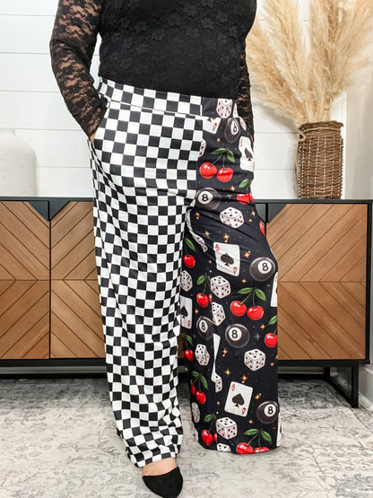 Black & White Checkered Print Meets Casino Night Printed Wide Leg Pants