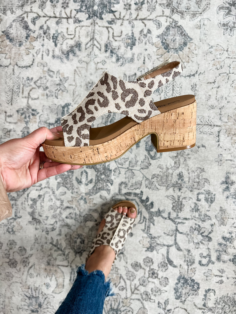 Corkys "Miss Carley" Cork Block Heel Sandal (Tan Sparkle Leopard)