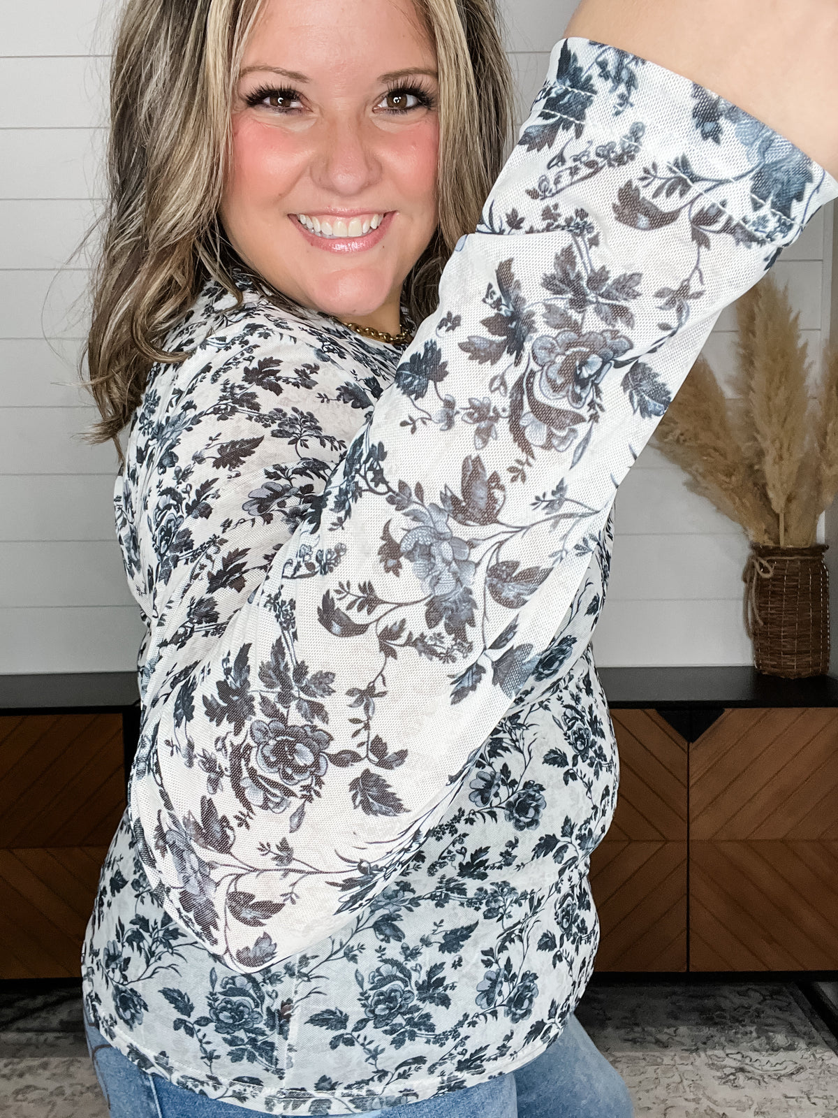 Shirley and Stone Black & White Floral Long Sleeve Mesh Top