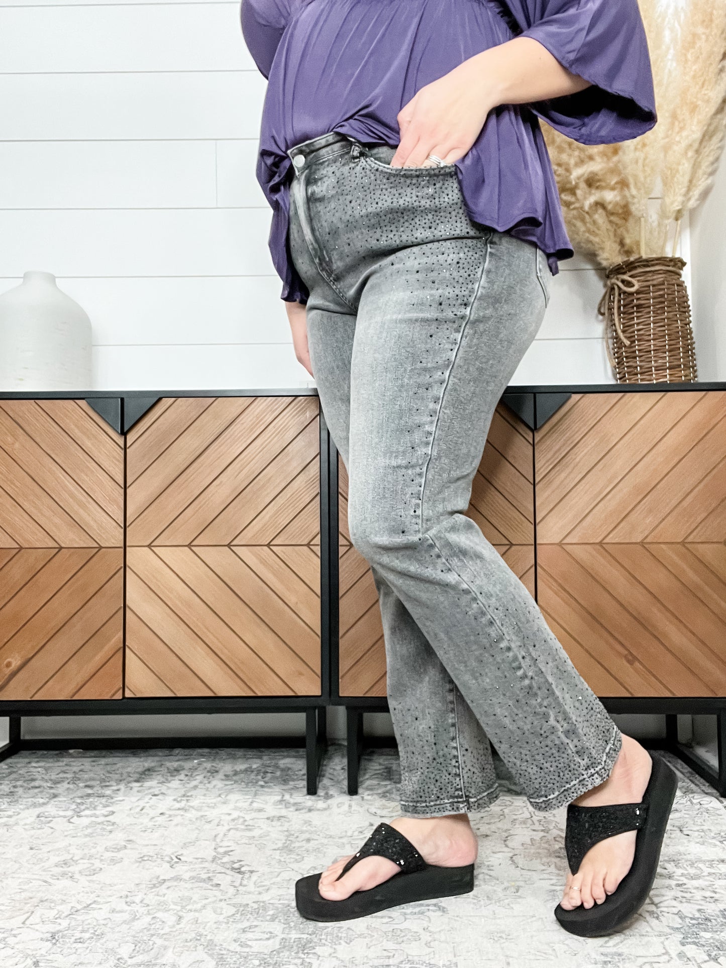 Judy Blue Grey Rhinestone Straight Leg Jeans