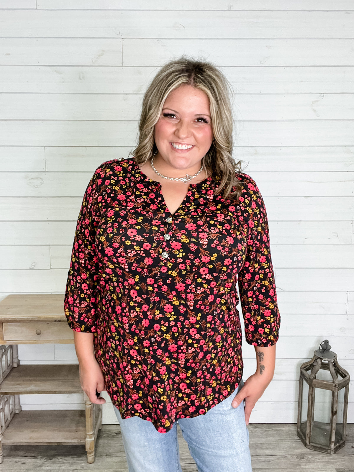 "Rectangle" 3/4 Sleeve Button Front Lizzy Luxe