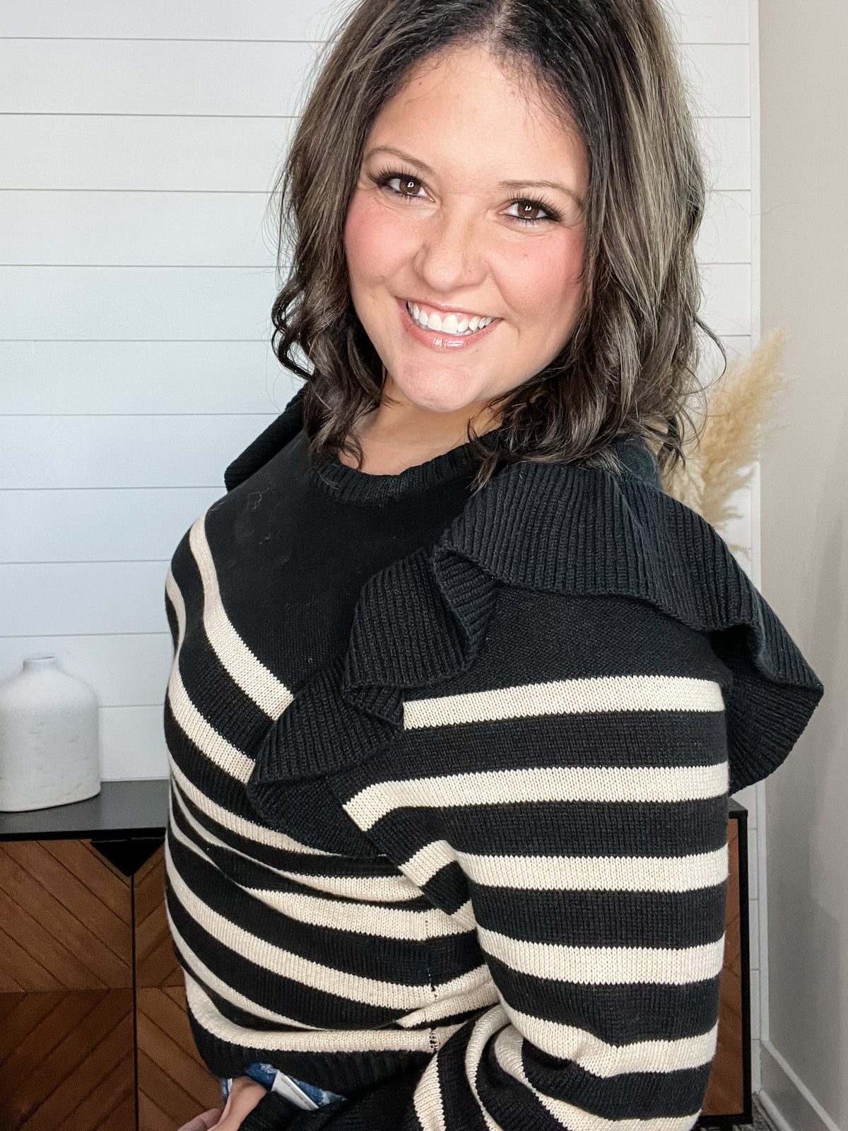 "Tish" Long Sleeve Ruffle Shoulder Sweater
