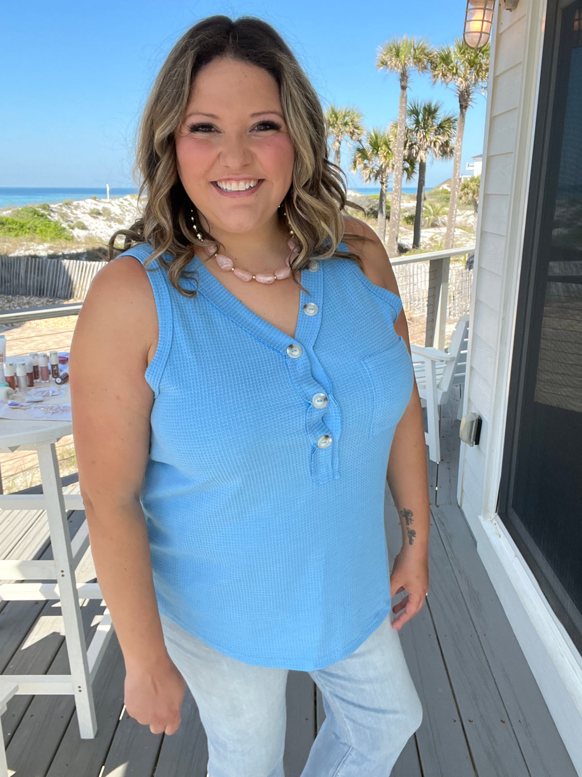 "Caldwell" Waffle Texture Tank with Chest Pockets and Faux Buttons (Ocean Blue)