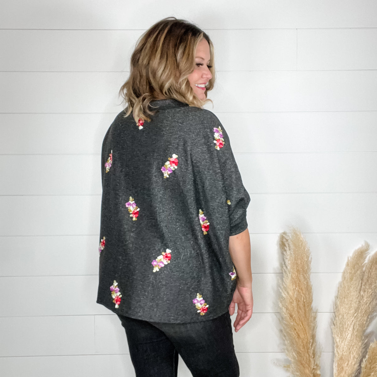 "Deceptive" Floral Embroidered Short Sleeve Dolman with Cuff and Collar (Multiple Options)