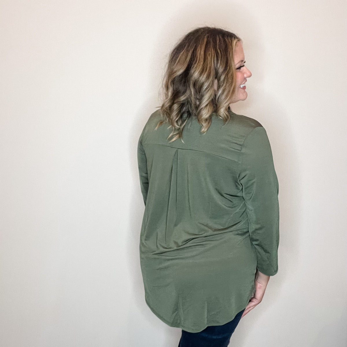 "Oh We Did" Lizzy 3/4 Sleeve Split Neck (Olive)