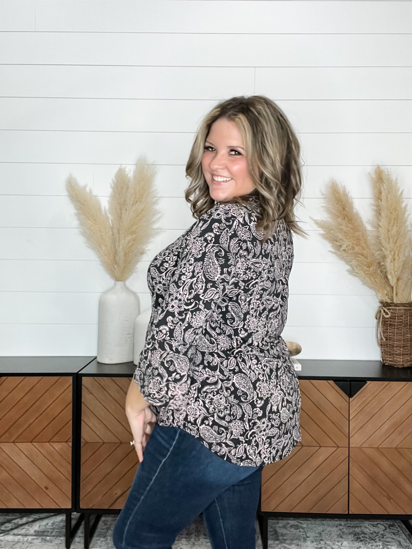 "Rhodium" Tiered Bell Sleeve Split Neck
