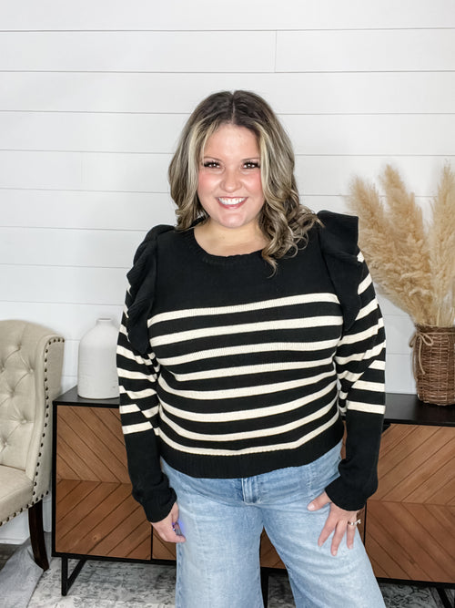 Sew In Love "Tish" Ruffle Shoulder Sweater - in Black with cream, ruffle-shoulder long sleeve sweater | Lola Monroe Boutique