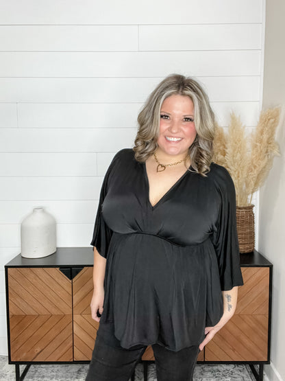 "Undertaking" 3/4 Sleeve V Neck with Elastic Empire Waist (Black)