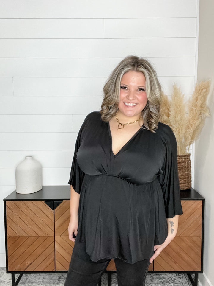 "Undertaking" 3/4 Sleeve V Neck with Elastic Empire Waist (Black)