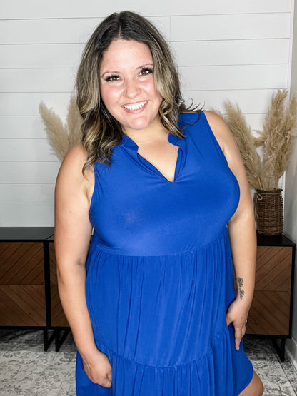 "Amos" Sleeveless Split Neck Tiered Dress (Royal Blue)