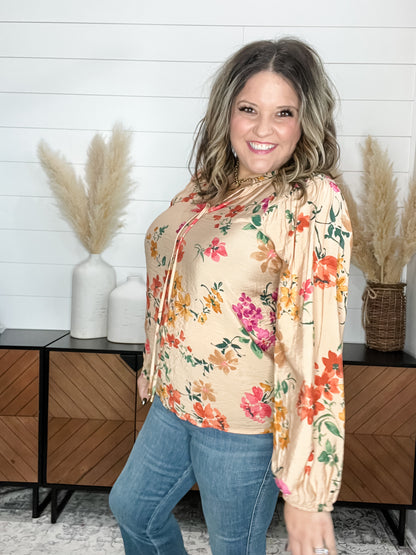 "Canyon" Floral High Collar with Tie Bubble Sleeve