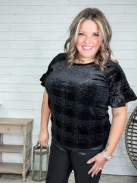 "Chimney" Glitter Velour Short Puff Sleeve Black on Black Plaid