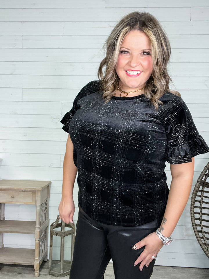 "Chimney" Glitter Velour Short Puff Sleeve Black on Black Plaid