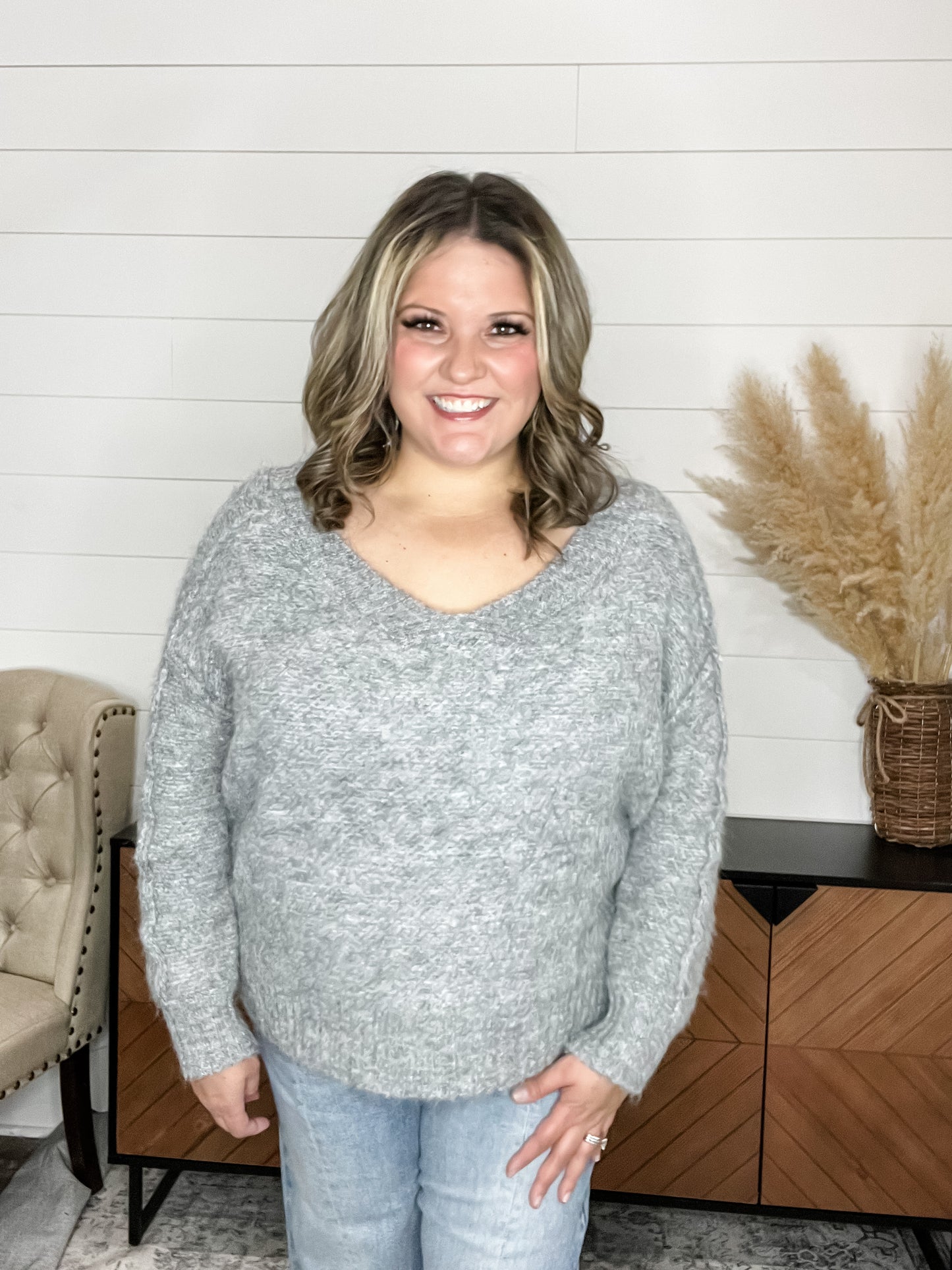 "Gravel" Oversized Wide V Neck Sweater