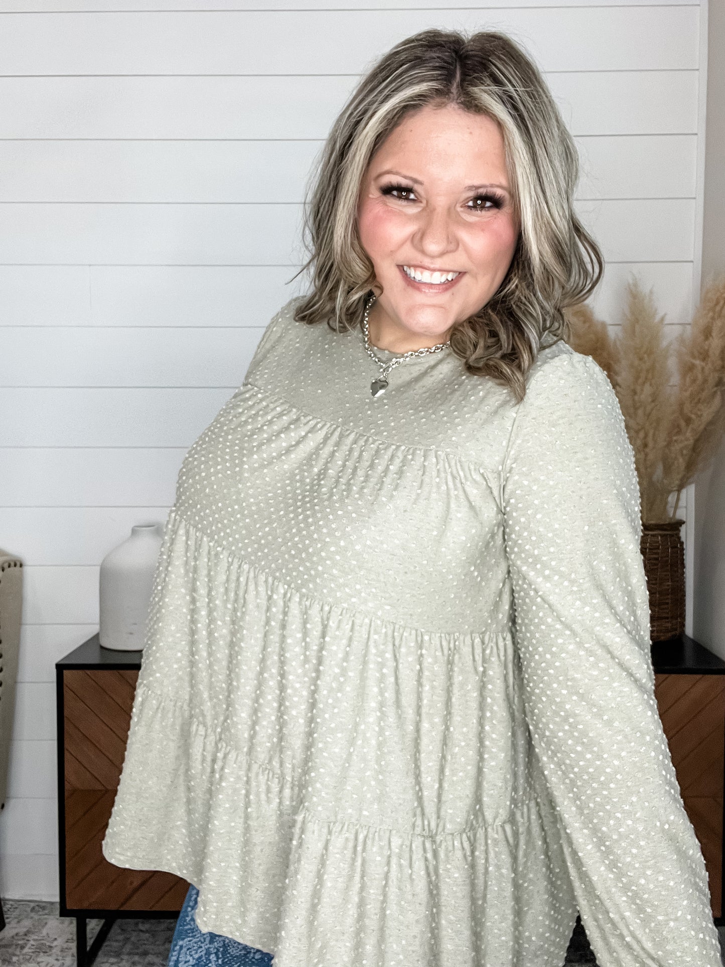 "Double Mint" Long SLeeve Swiss Dot Tiered Top