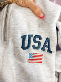 JOCOink USA with flag quarter zip (detail view) | Lola Monroe Boutique