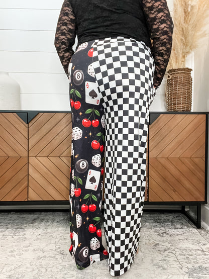 Black & White Checkered Print Meets Casino Night Printed Wide Leg Pants