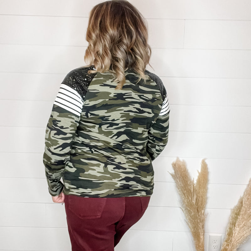 "Dare Me" Long Sleeve Camo and Sequin Accent