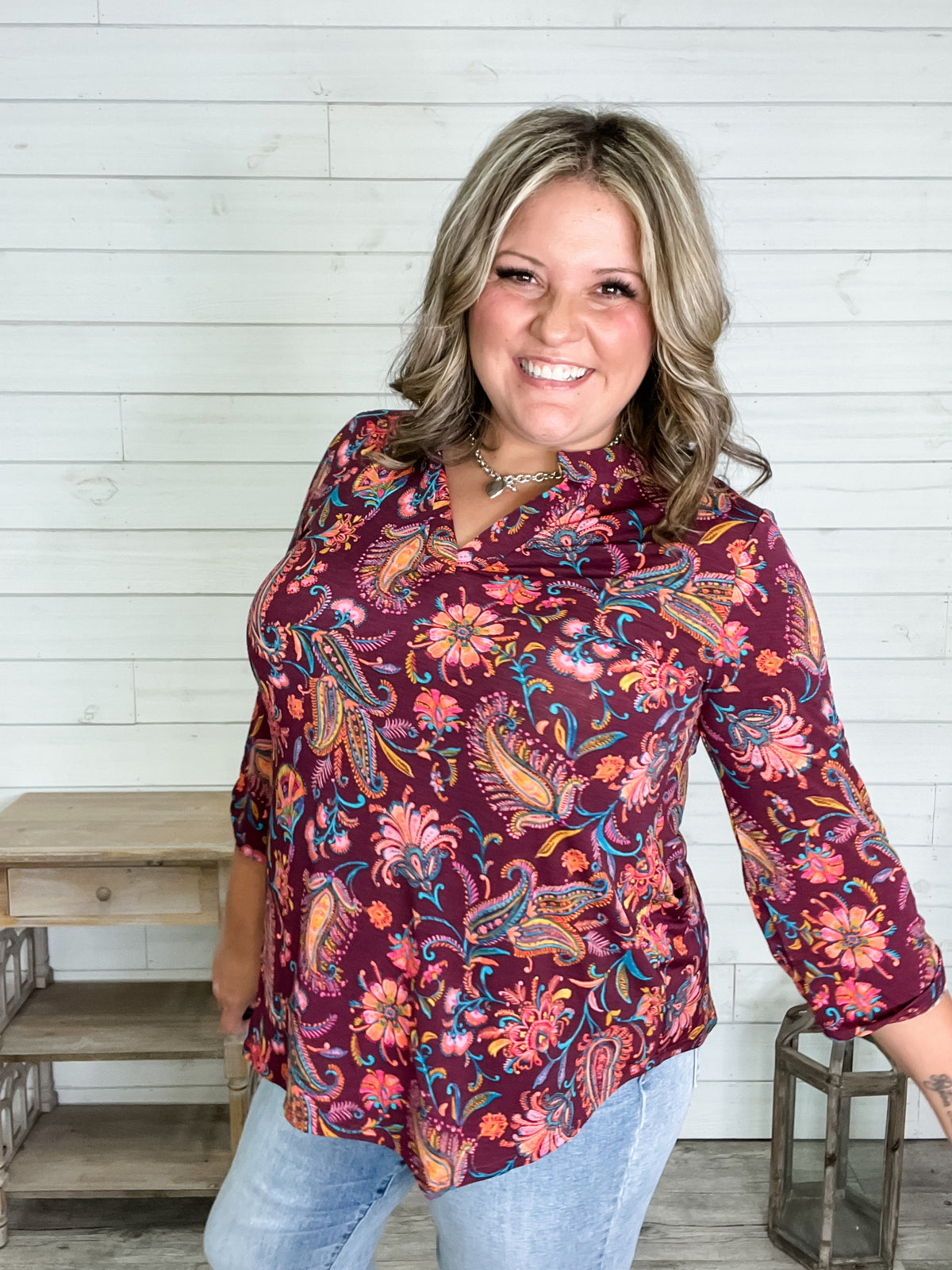 "Audra" 3/4 Sleeve Split Neck