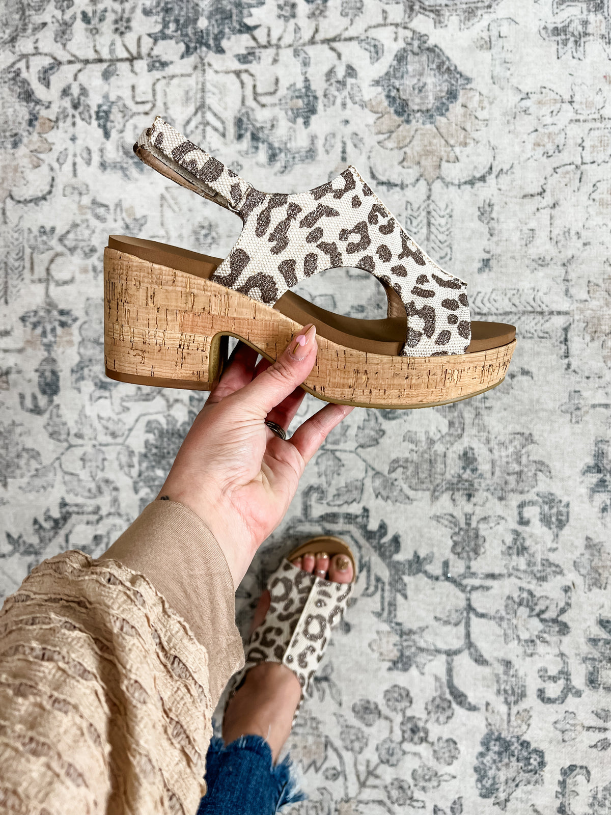 Corkys "Miss Carley" Cork Block Heel Sandal (Tan Sparkle Leopard)