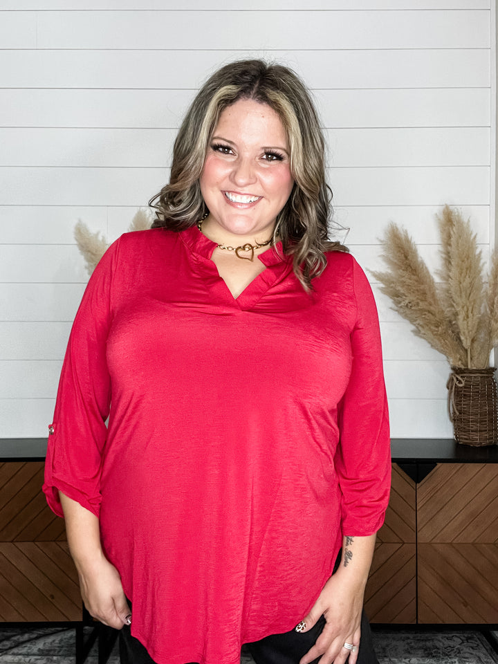 Dear Scarlett "Bold Choice" 3/4 Sleeve Split Neck (Jewel Red)
