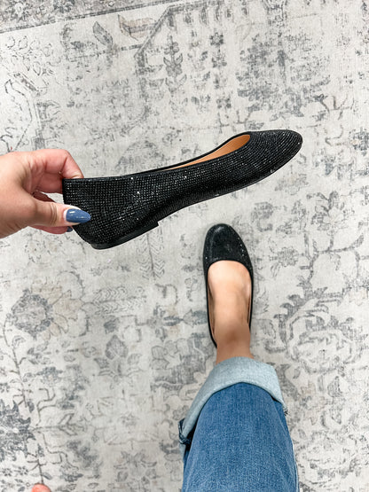 "Baba" Sparkle Round Toe Flat (Black)