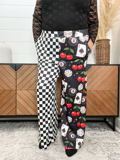 Black & White Checkered Print Meets Casino Night Printed Wide Leg Pants