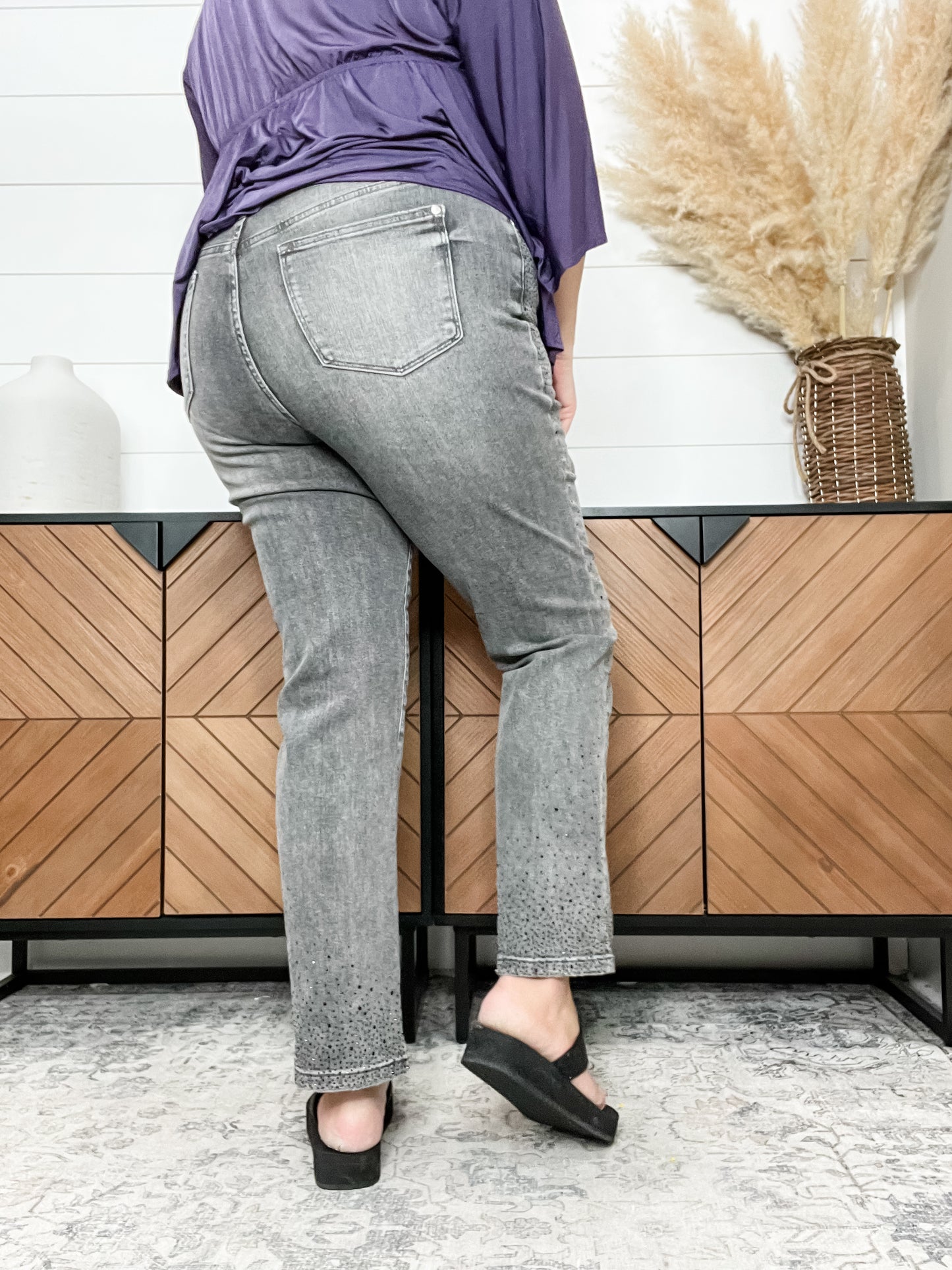 Judy Blue Grey Rhinestone Straight Leg Jeans