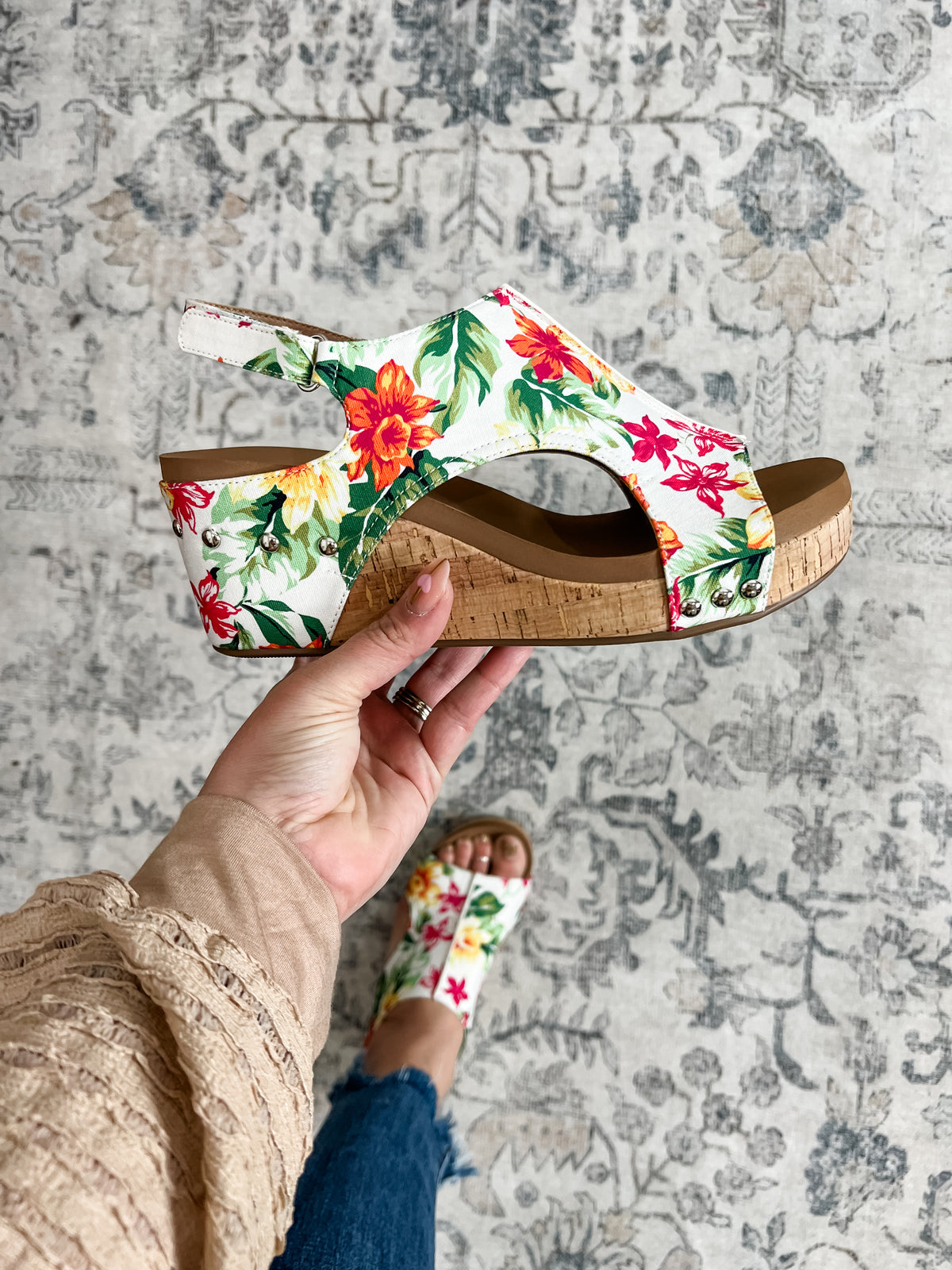 Corkys "Carley" Wedge Sandal (White Floral)